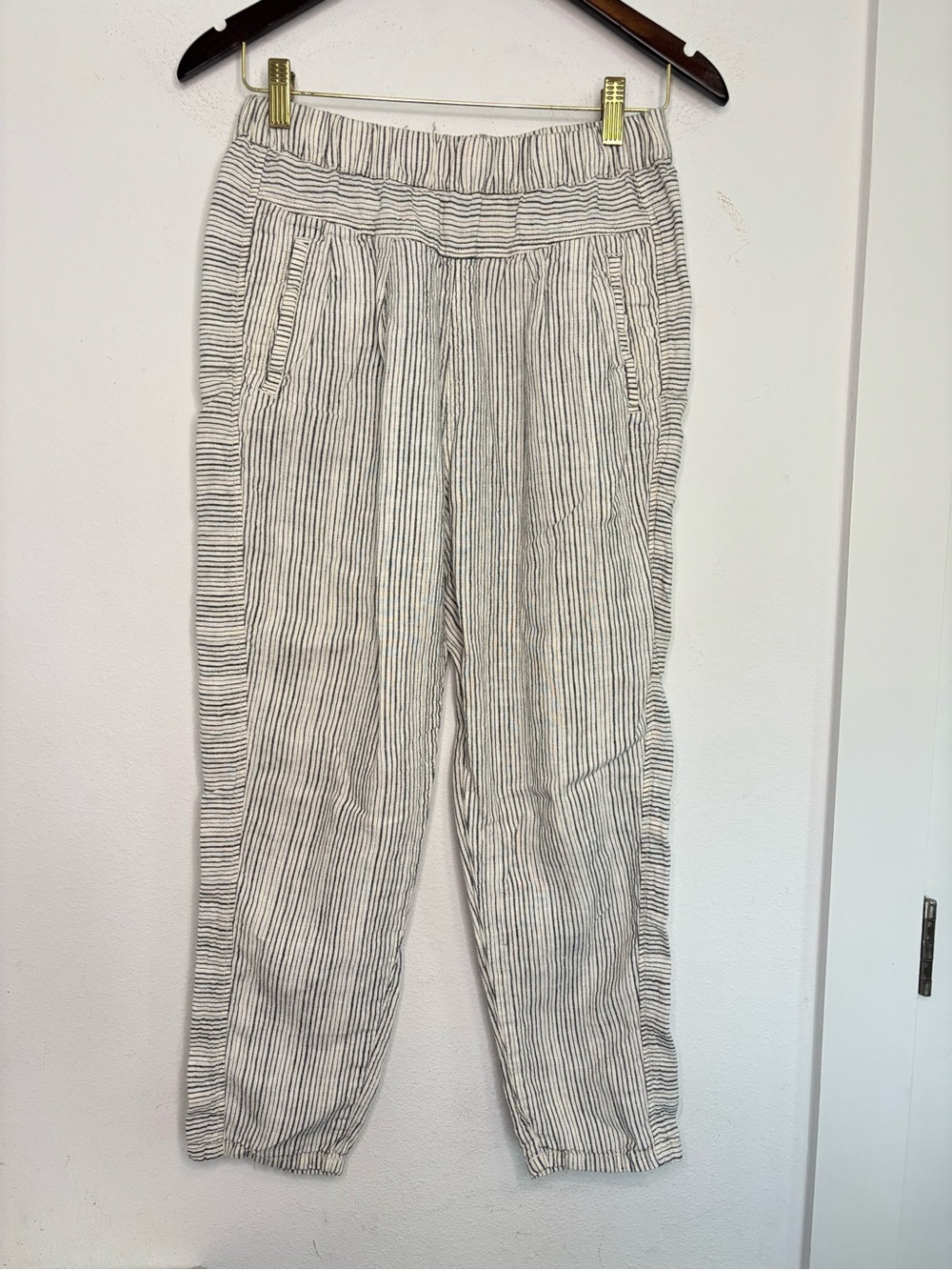 ANTHROPOLOGIE PINSTRIPE LINEN LOOSE FIT CROPPED PANTS SZ XS